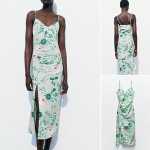 Zara Green Floral Midi Dress Linen Blend